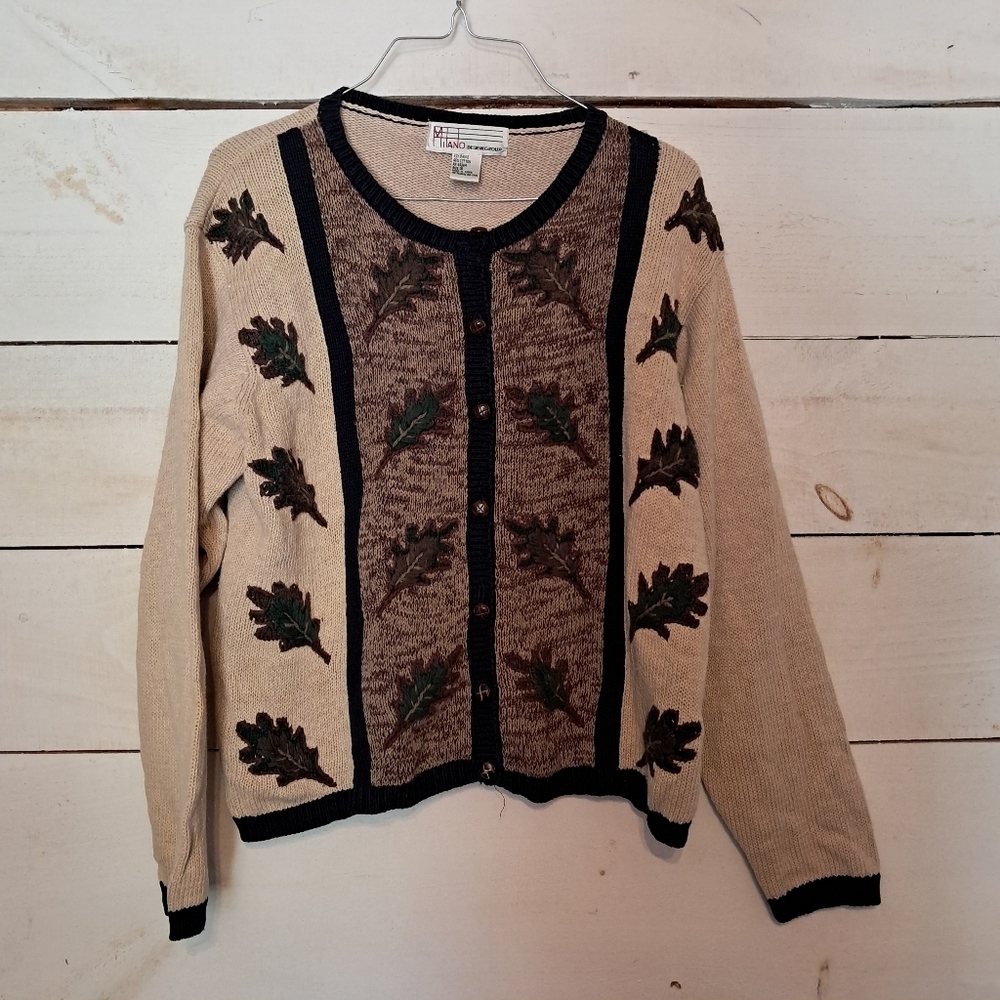 Milano Design Group Button Down Knit Sweater Cardigan Fall Leaves Size Small